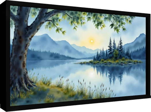 Serene Watercolor Lakeside Sunrise — floater frame preview | PrintPosters.in