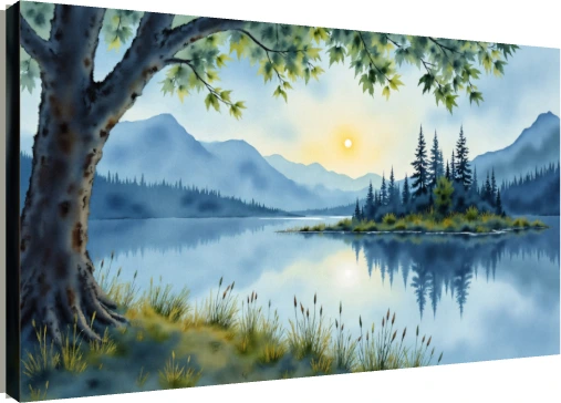 Serene Watercolor Lakeside Sunrise | PrintPosters.in
