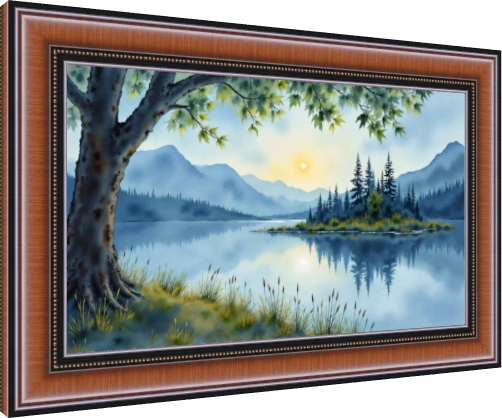 Serene Watercolor Lakeside Sunrise Canvas wall art print — photo frame preview | PrintPosters.in