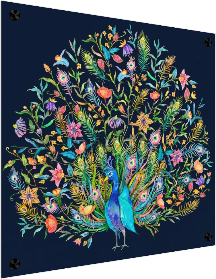 Vibrant Peacock Tail Floral Watercolor Canvas wall art print — acrylic preview | PrintPosters.in