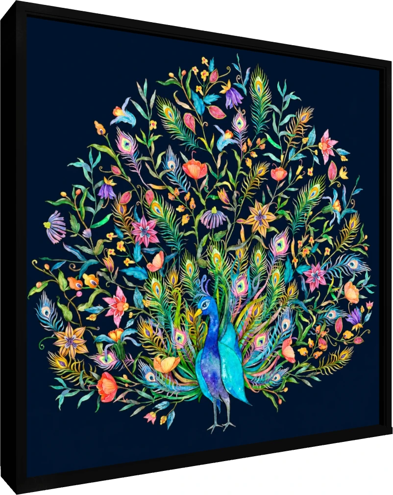 Vibrant Peacock Tail Floral Watercolor Canvas wall art print — floater frame preview | PrintPosters.in