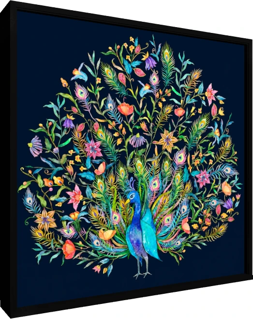 Vibrant Peacock Tail Floral Watercolor Canvas wall art print — floater frame preview | PrintPosters.in