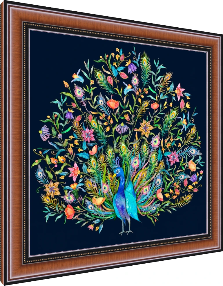Vibrant Peacock Tail Floral Watercolor Canvas wall art print — photo frame preview | PrintPosters.in