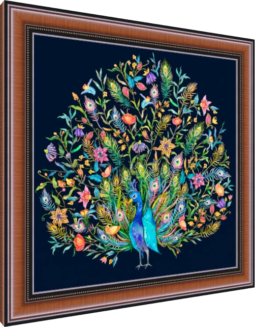 Vibrant Peacock Tail Floral Watercolor Canvas wall art print — photo frame preview | PrintPosters.in