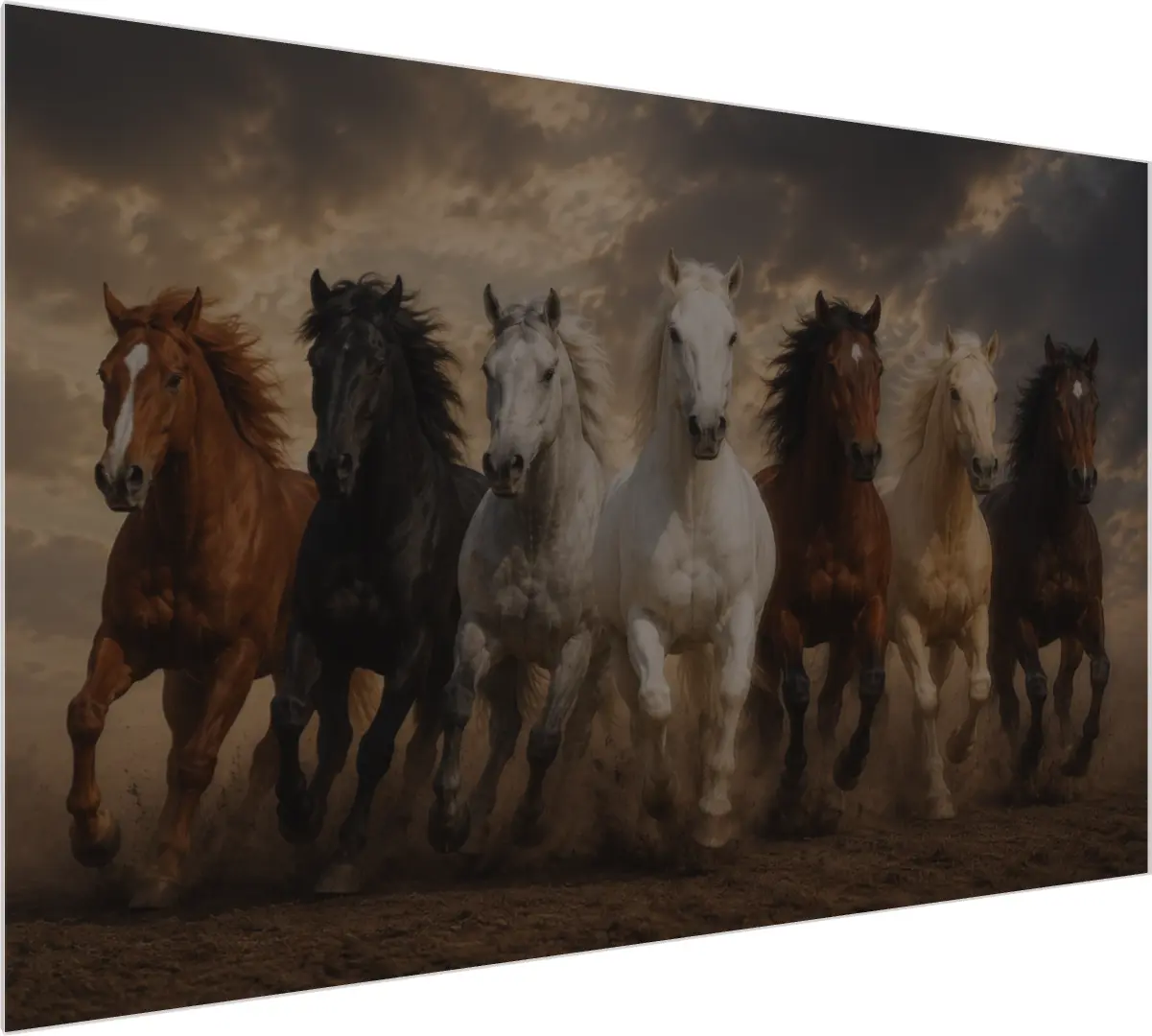 Seven powerful horses of different colors galloping forward through dust under a dramatic golden sky. — acrylic preview | PrintPosters.in