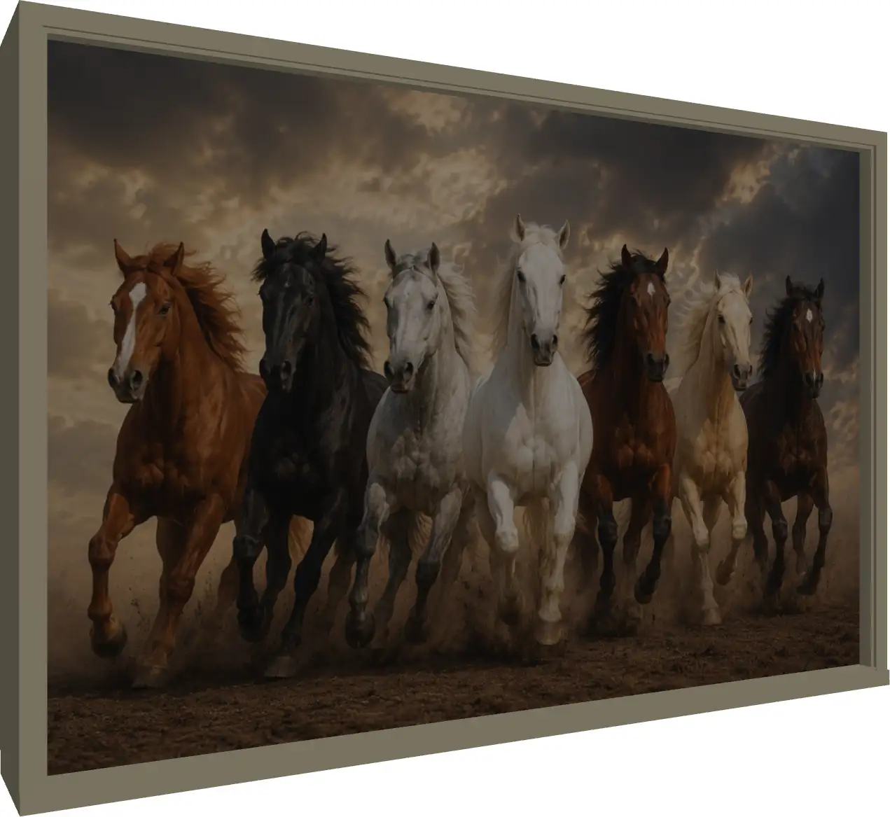 Seven powerful horses of different colors galloping forward through dust under a dramatic golden sky. — floater frame preview | PrintPosters.in