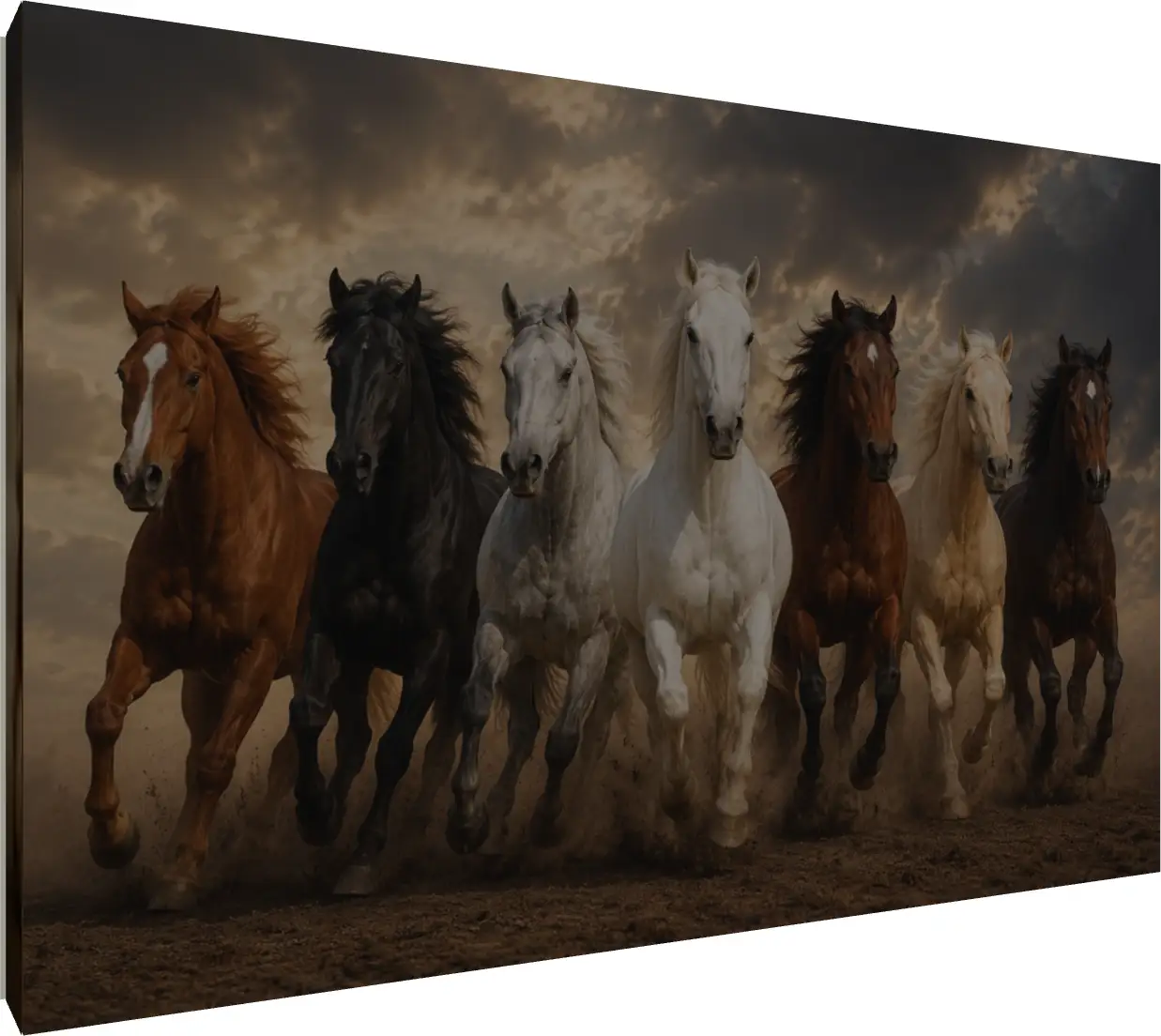 Seven powerful horses of different colors galloping forward through dust under a dramatic golden sky. | PrintPosters.in