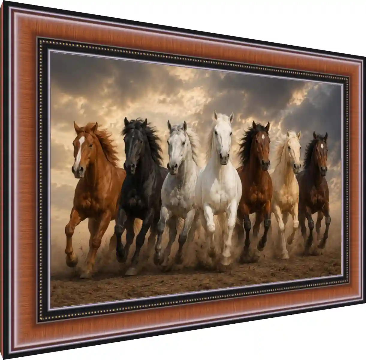 Seven powerful horses of different colors galloping forward through dust under a dramatic golden sky. — photo frame preview | PrintPosters.in