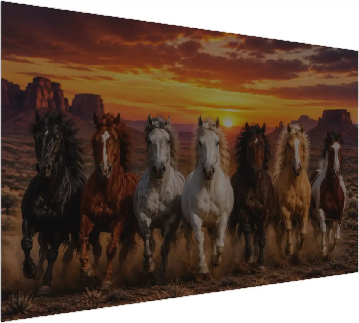 Seven powerful horses of different colors running forward together in a desert at sunset, kicking up dust. — acrylic preview | PrintPosters.in