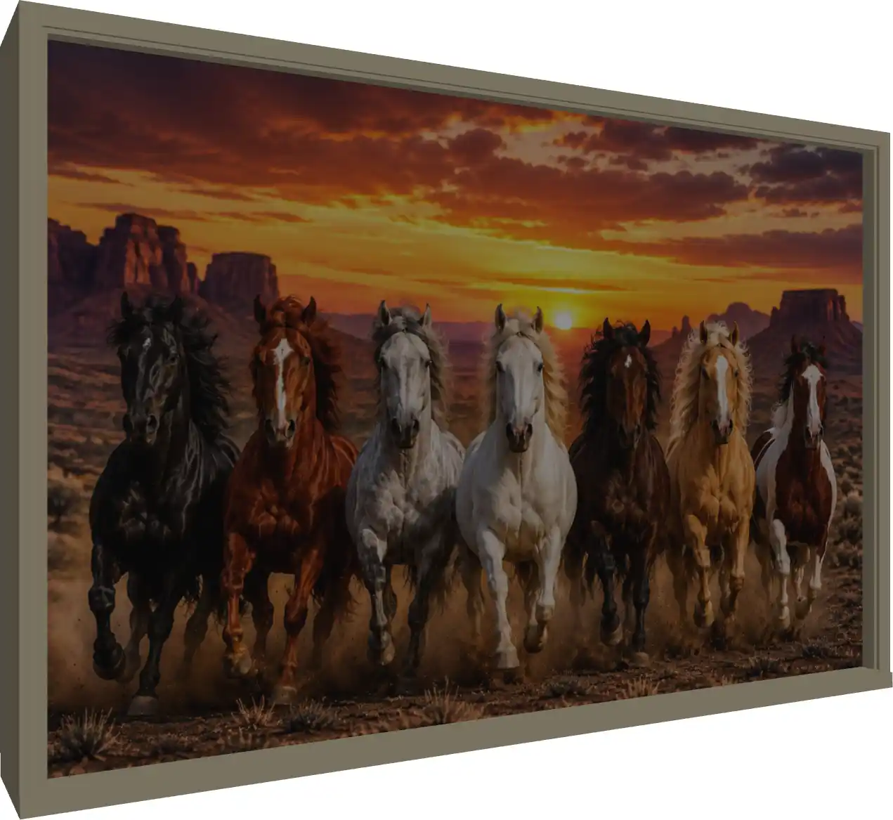 Seven powerful horses of different colors running forward together in a desert at sunset, kicking up dust. — floater frame preview | PrintPosters.in