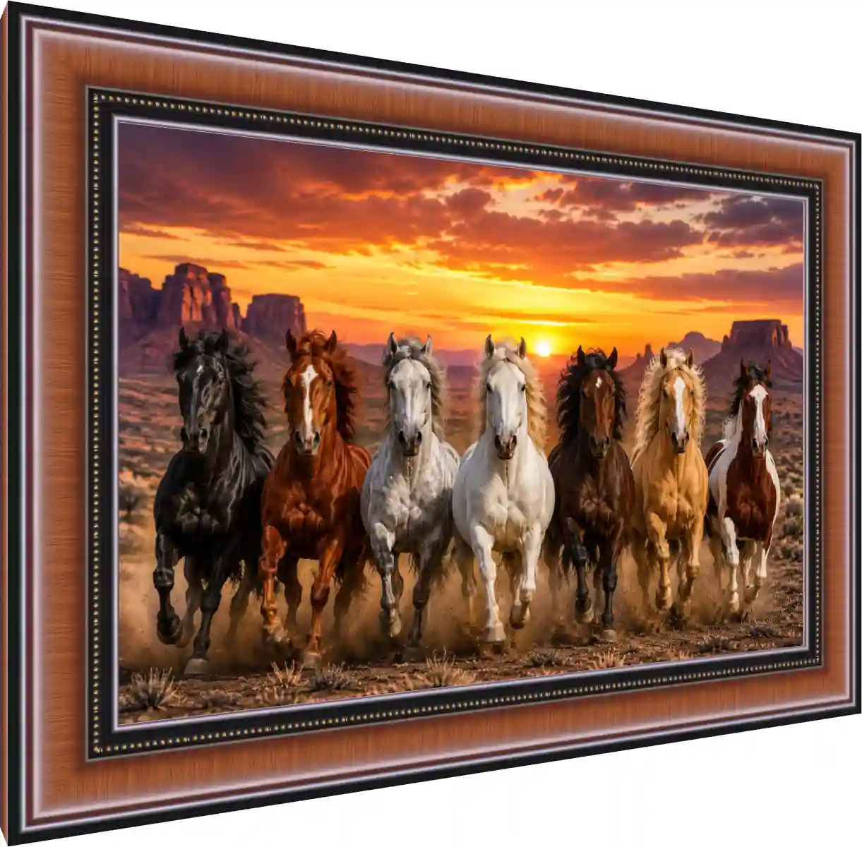 Seven powerful horses of different colors running forward together in a desert at sunset, kicking up dust. — photo frame preview | PrintPosters.in