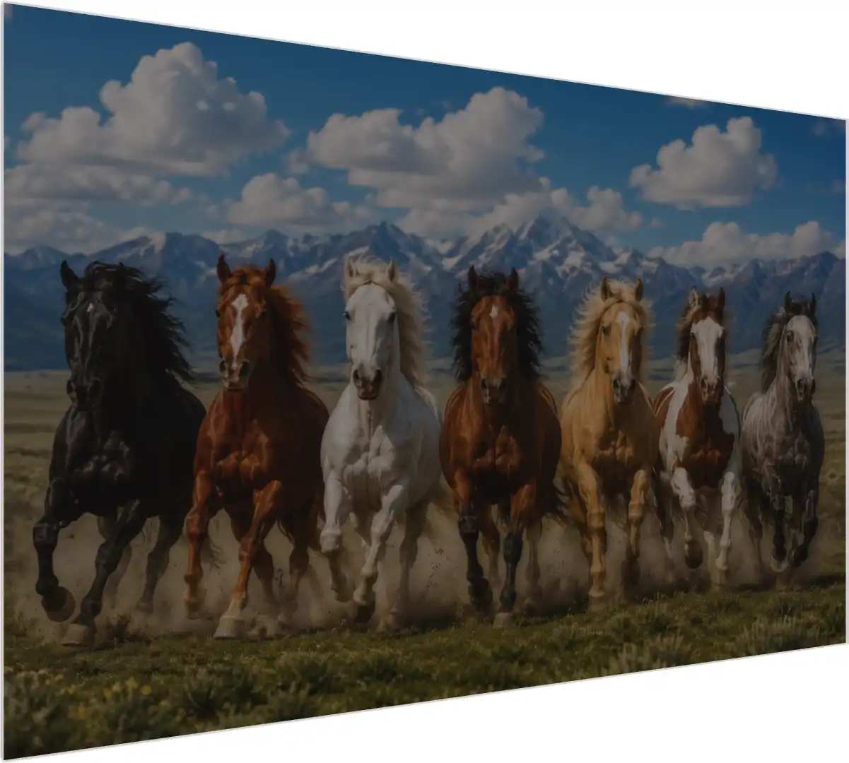 Seven powerful horses of different colors galloping forward together against a backdrop of snow-capped mountains. — acrylic preview | PrintPosters.in