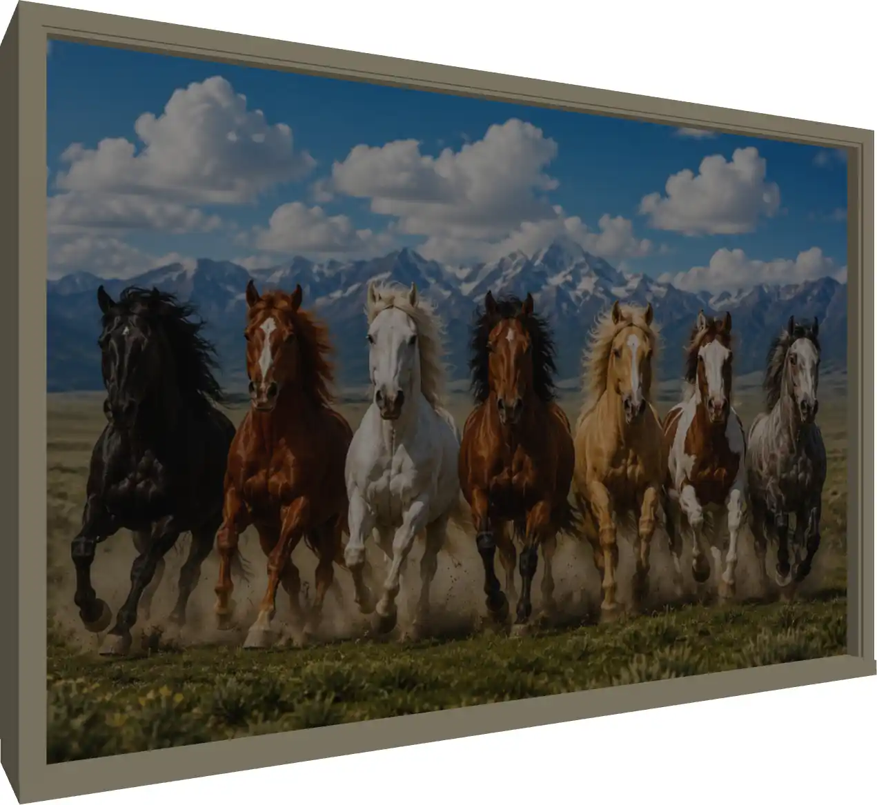 Seven powerful horses of different colors galloping forward together against a backdrop of snow-capped mountains. — floater frame preview | PrintPosters.in