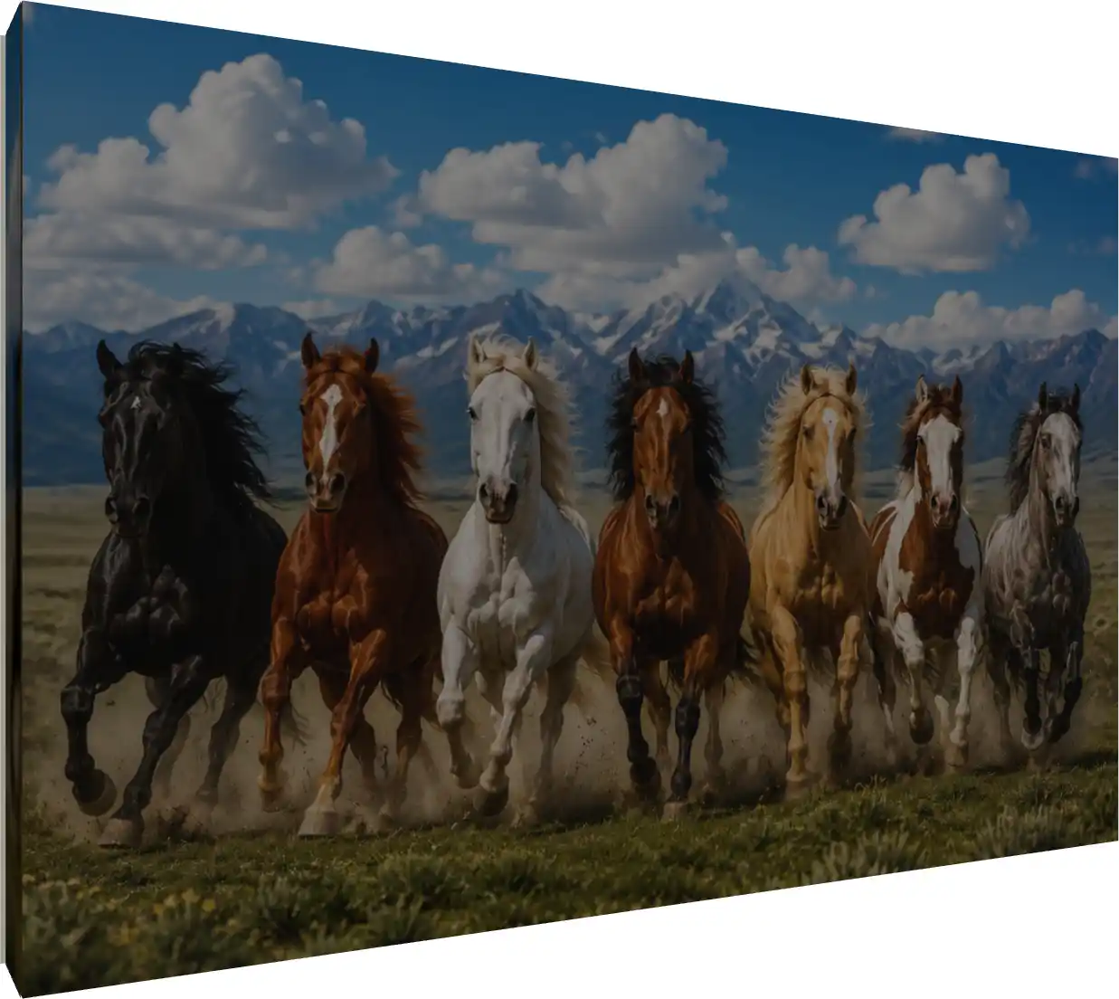 Seven powerful horses of different colors galloping forward together against a backdrop of snow-capped mountains. | PrintPosters.in