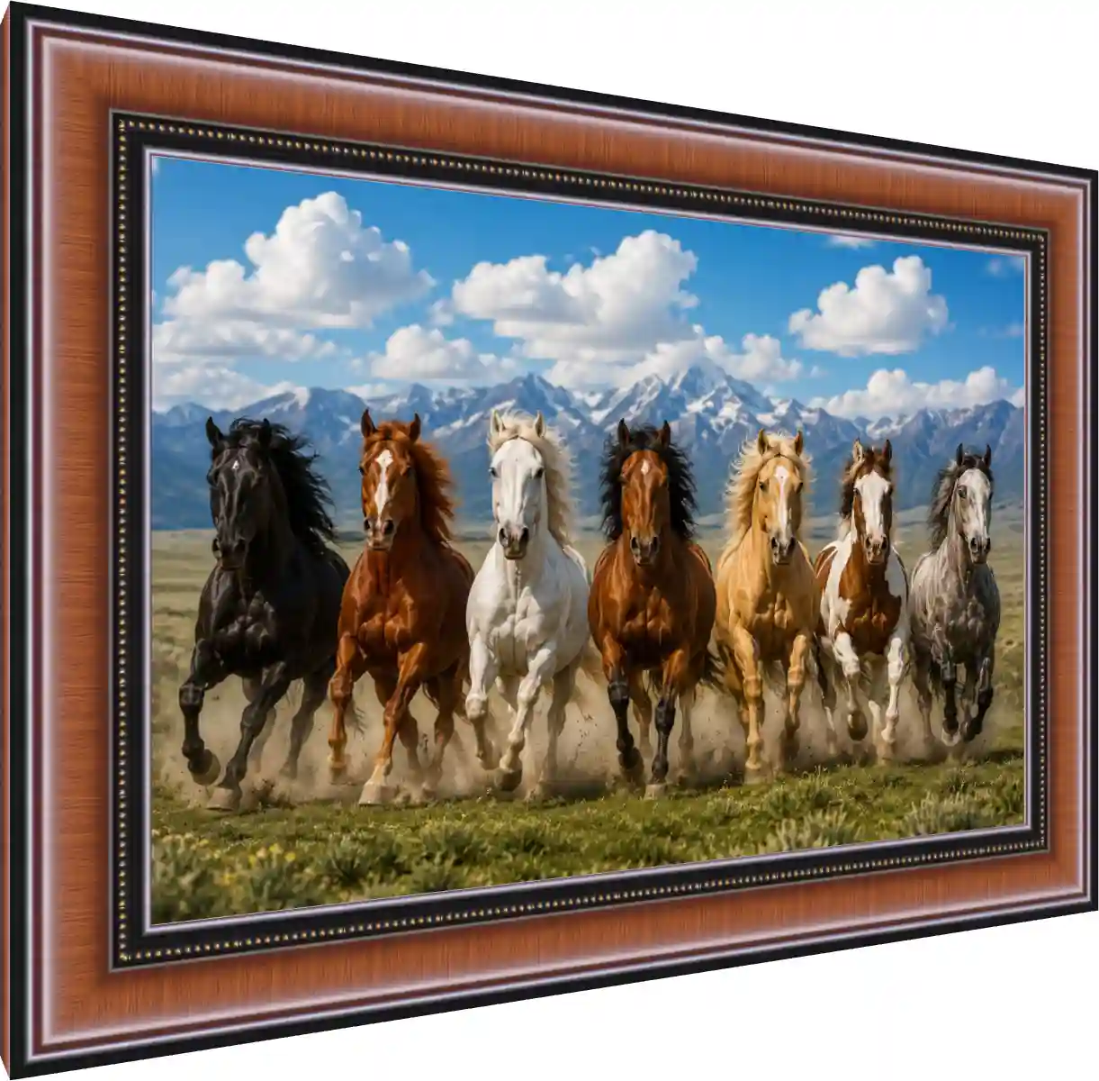 Seven powerful horses of different colors galloping forward together against a backdrop of snow-capped mountains. — photo frame preview | PrintPosters.in