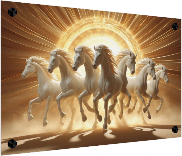 Seven majestic white horses galloping forward against a radiant golden circular sunburst background. — acrylic preview | PrintPosters.in