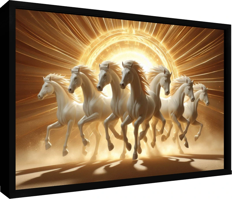 Seven majestic white horses galloping forward against a radiant golden circular sunburst background. — floater frame preview | PrintPosters.in