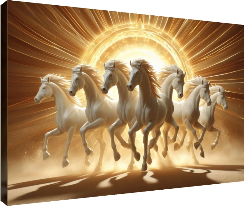 Seven majestic white horses galloping forward against a radiant golden circular sunburst background. | PrintPosters.in