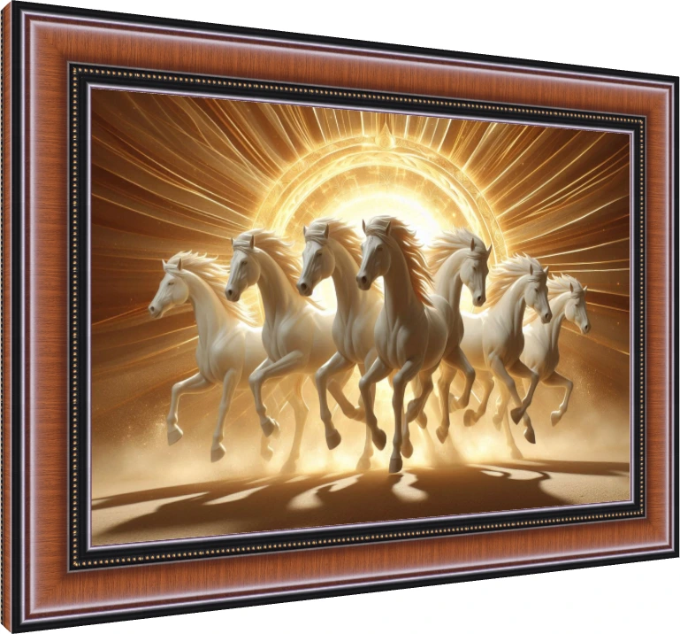 Seven majestic white horses galloping forward against a radiant golden circular sunburst background. — photo frame preview | PrintPosters.in