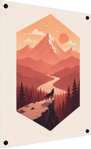 Geometric Howling Wolf Sunset Landscape Canvas wall art print — acrylic preview | PrintPosters.in
