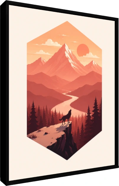 Geometric Howling Wolf Sunset Landscape Canvas wall art print — floater frame preview | PrintPosters.in