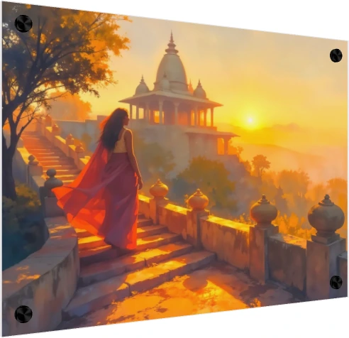 Woman Ascending Temple Stairs Sunset Canvas wall art print — acrylic preview | PrintPosters.in