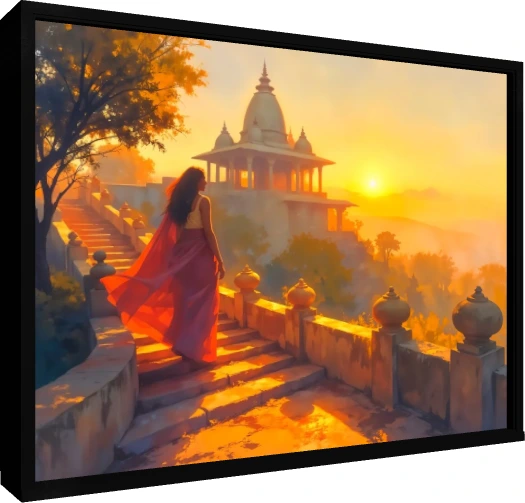 Woman Ascending Temple Stairs Sunset Canvas wall art print — floater frame preview | PrintPosters.in