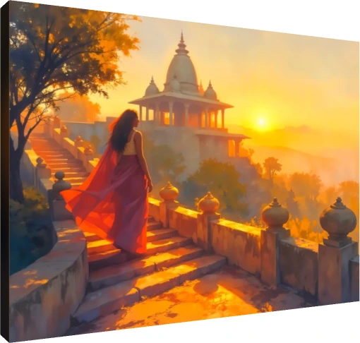 Woman Ascending Temple Stairs Sunset Canvas wall art print | PrintPosters.in