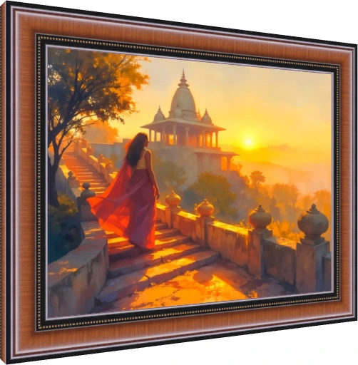 Woman Ascending Temple Stairs Sunset Canvas wall art print — photo frame preview | PrintPosters.in