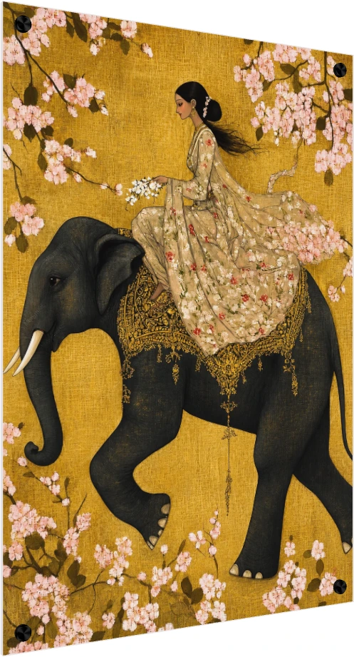Woman Riding Elephant Floral Gold Canvas wall art print — acrylic preview | PrintPosters.in