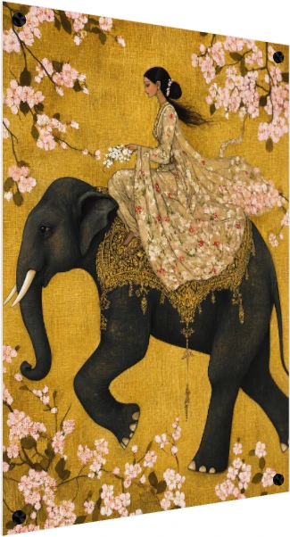 Woman Riding Elephant Floral Gold Canvas wall art print — acrylic preview | PrintPosters.in