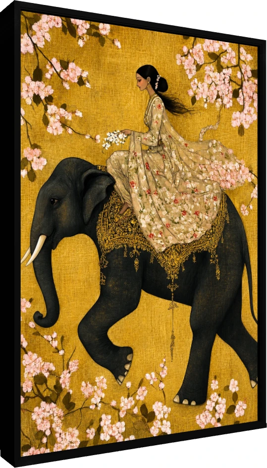 Woman Riding Elephant Floral Gold Canvas wall art print — floater frame preview | PrintPosters.in