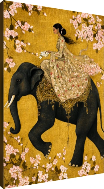 Woman Riding Elephant Floral Gold Canvas wall art print | PrintPosters.in