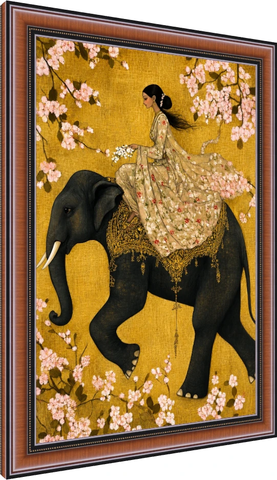 Woman Riding Elephant Floral Gold Canvas wall art print — photo frame preview | PrintPosters.in