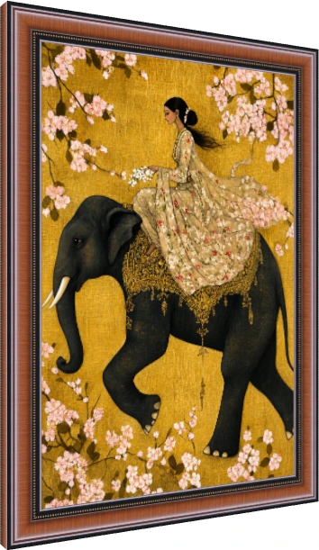 Woman Riding Elephant Floral Gold Canvas wall art print — photo frame preview | PrintPosters.in