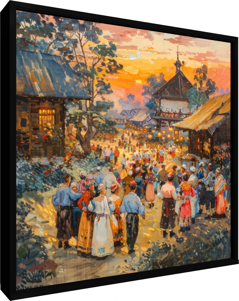 Vibrant Village Festival Sunset Canvas Print wall art print — floater frame preview | PrintPosters.in