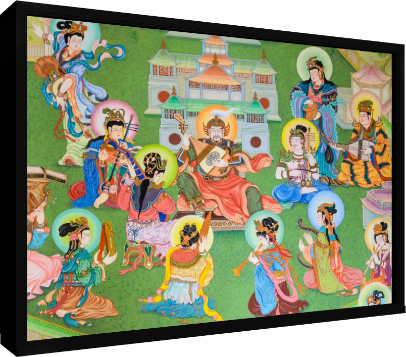 Traditional Buddhist Musicians Mural Canvas wall art print — floater frame preview | PrintPosters.in