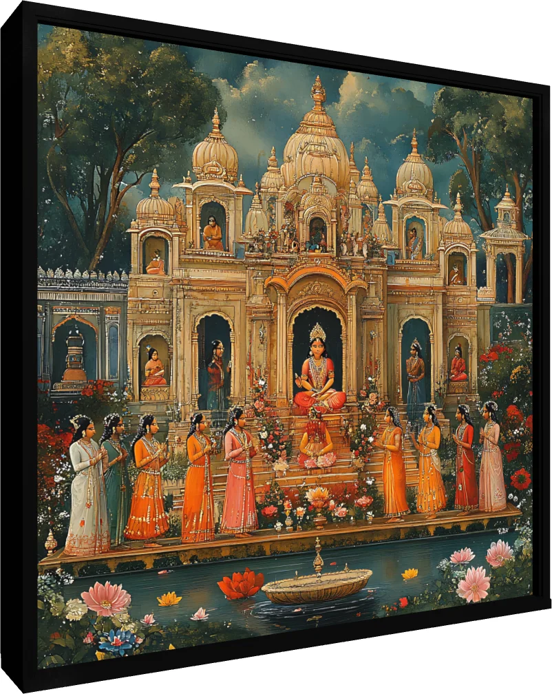 Majestic Indian Temple Lotus Pool Canvas wall art print — floater frame preview | PrintPosters.in