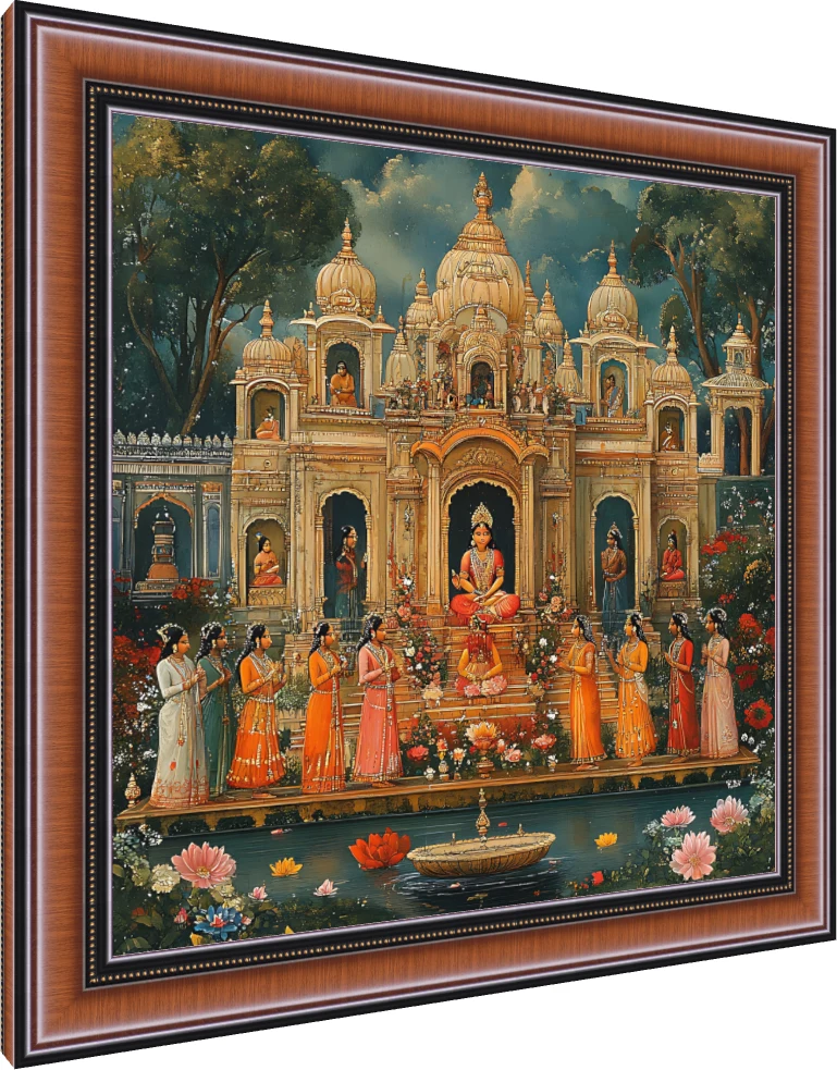 Majestic Indian Temple Lotus Pool Canvas wall art print — photo frame preview | PrintPosters.in