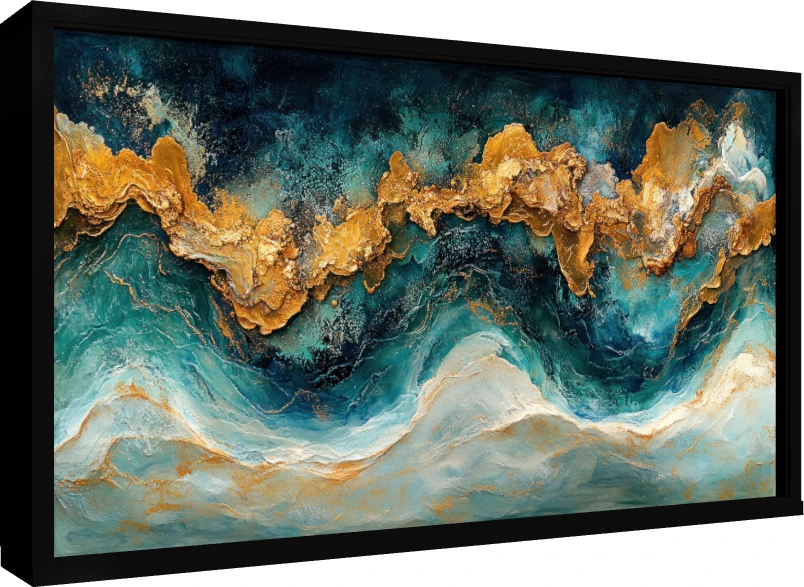 Teal and Gold Fluid Texture Canvas Print wall art print — floater frame preview | PrintPosters.in