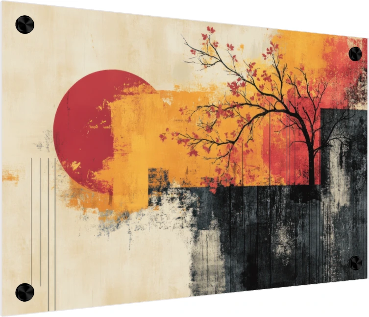 Minimalist Zen Red Sun Tree Canvas Art wall art print — acrylic preview | PrintPosters.in