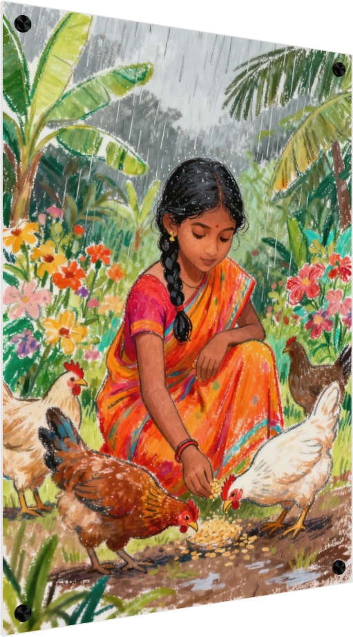 Girl Feeding Chickens in Rain Canvas Print wall art print — acrylic preview | PrintPosters.in