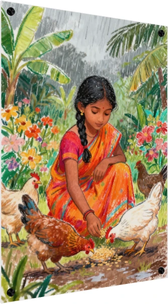 Girl Feeding Chickens in Rain Canvas Print wall art print — acrylic preview | PrintPosters.in