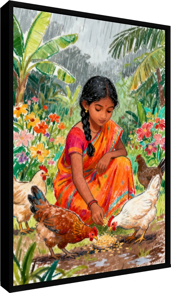Girl Feeding Chickens in Rain Canvas Print wall art print — floater frame preview | PrintPosters.in
