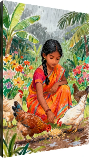 Girl Feeding Chickens in Rain Canvas Print wall art print | PrintPosters.in