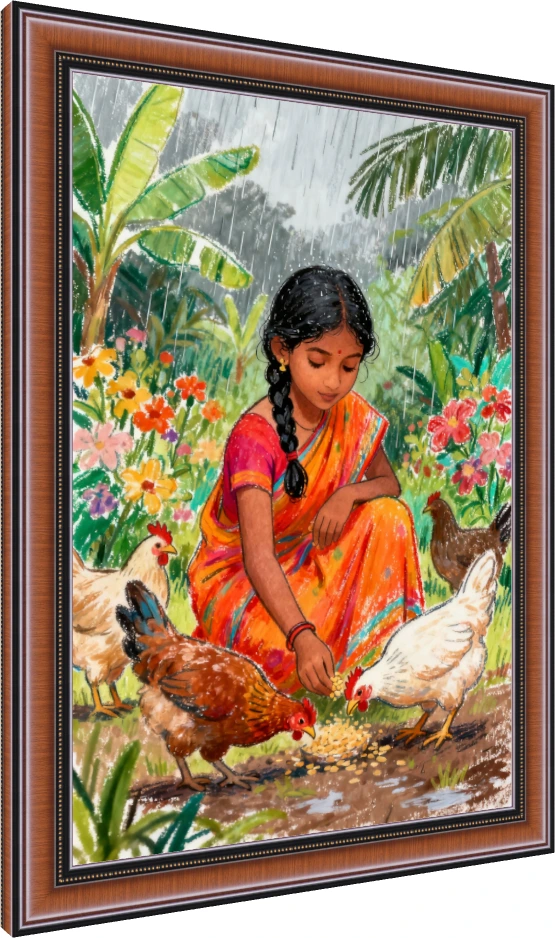 Girl Feeding Chickens in Rain Canvas Print wall art print — photo frame preview | PrintPosters.in