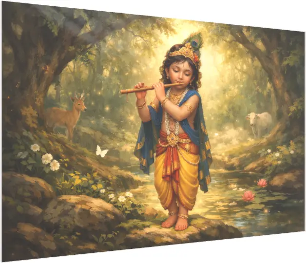 Young Krishna Playing Flute in Enchanted Forest — acrylic preview | PrintPosters.in