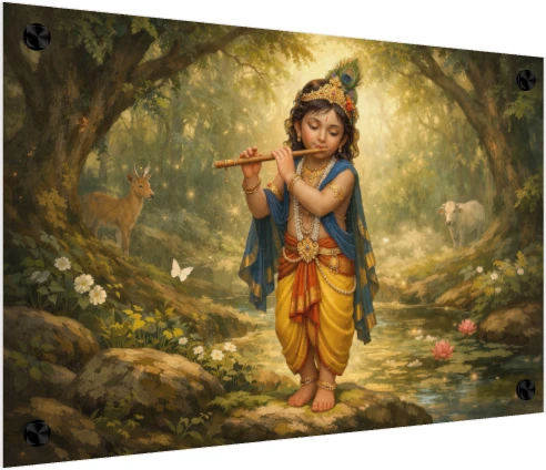 A young Lord Krishna standing by a stream in a glowing forest, playing a flute while a cow and deer watch. — acrylic preview | PrintPosters.in