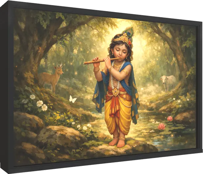 Young Krishna Playing Flute in Enchanted Forest — floater frame preview | PrintPosters.in