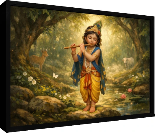 A young Lord Krishna standing by a stream in a glowing forest, playing a flute while a cow and deer watch. — floater frame preview | PrintPosters.in